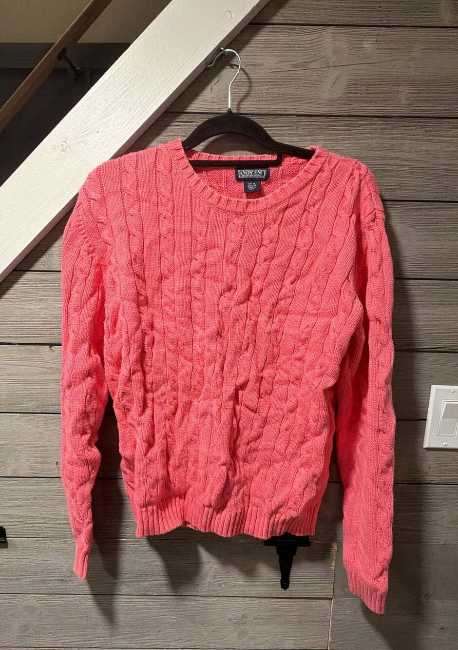 Lands End Cable Knit Sweater Size L 14-16 Pink Crew Neck